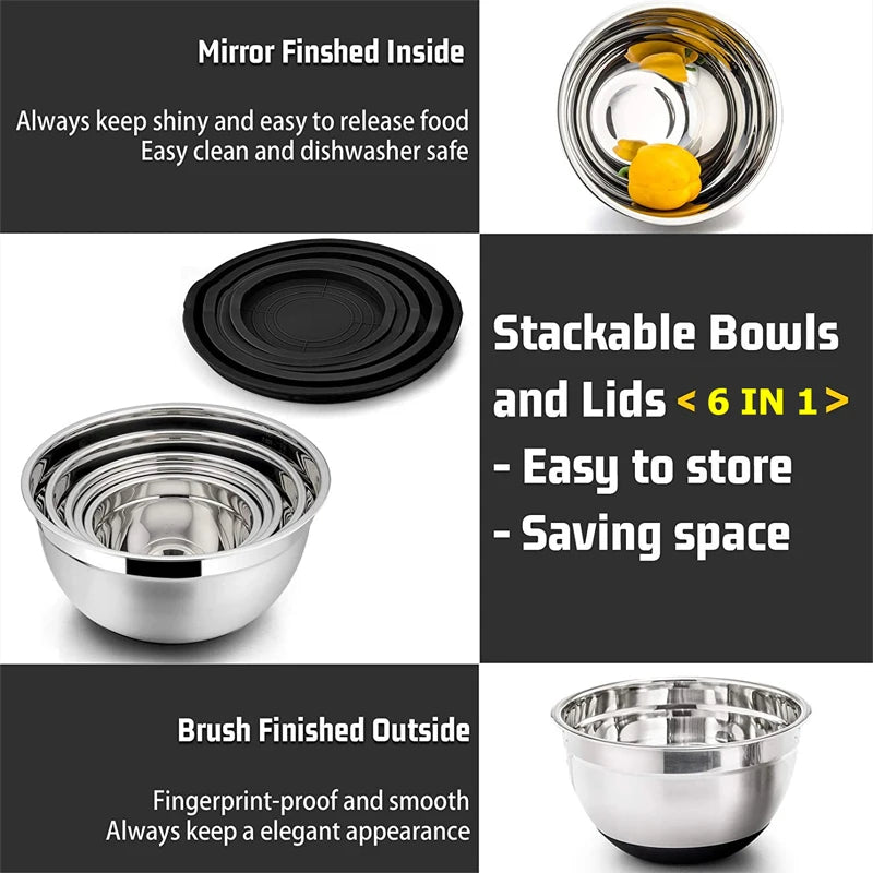 Edelstahl-Rührschüssel mit Deckel & Rutschfestem Boden – 18 bis 28 cm oder Set