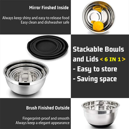 Edelstahl-Rührschüssel mit Deckel & Rutschfestem Boden – 18 bis 28 cm oder Set