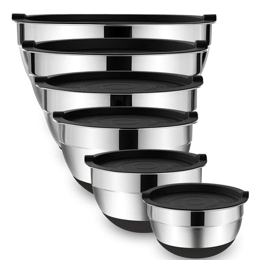 Saladier Inox avec Couvercle & Base Antidérapante – 18 à 28 cm ou Set