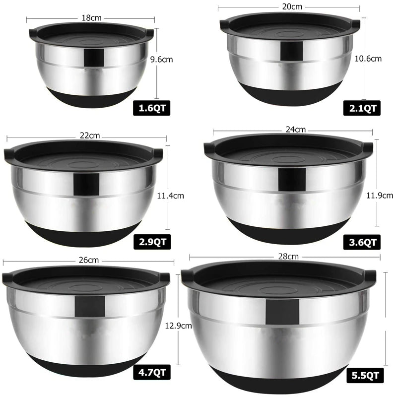 Edelstahl-Rührschüssel mit Deckel & Rutschfestem Boden – 18 bis 28 cm oder Set