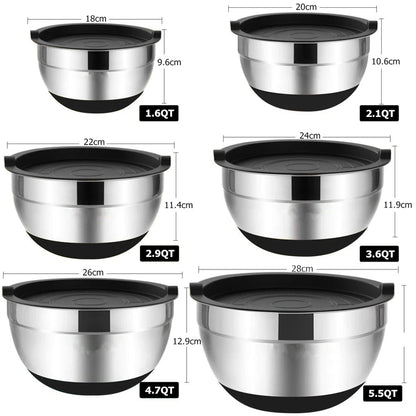 Edelstahl-Rührschüssel mit Deckel & Rutschfestem Boden – 18 bis 28 cm oder Set