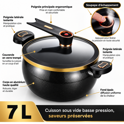 Autocuiseur basse pression 7 L noir : poignées isolantes, soupape et couvercle en verre