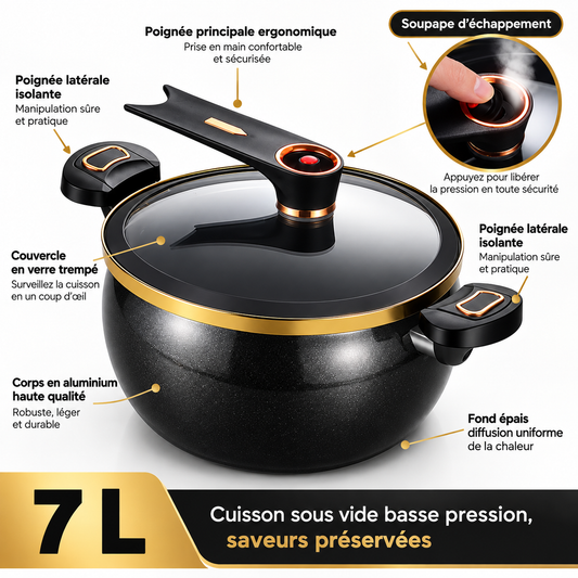 Autocuiseur basse pression 7 L noir : poignées isolantes, soupape et couvercle en verre