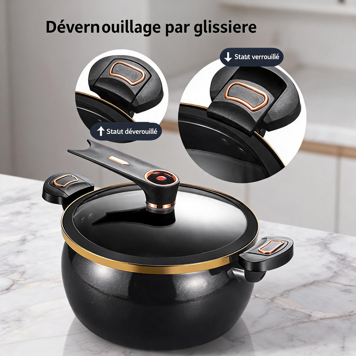 Verrouillage par glissière du couvercle de l'autocuiseur 7 L