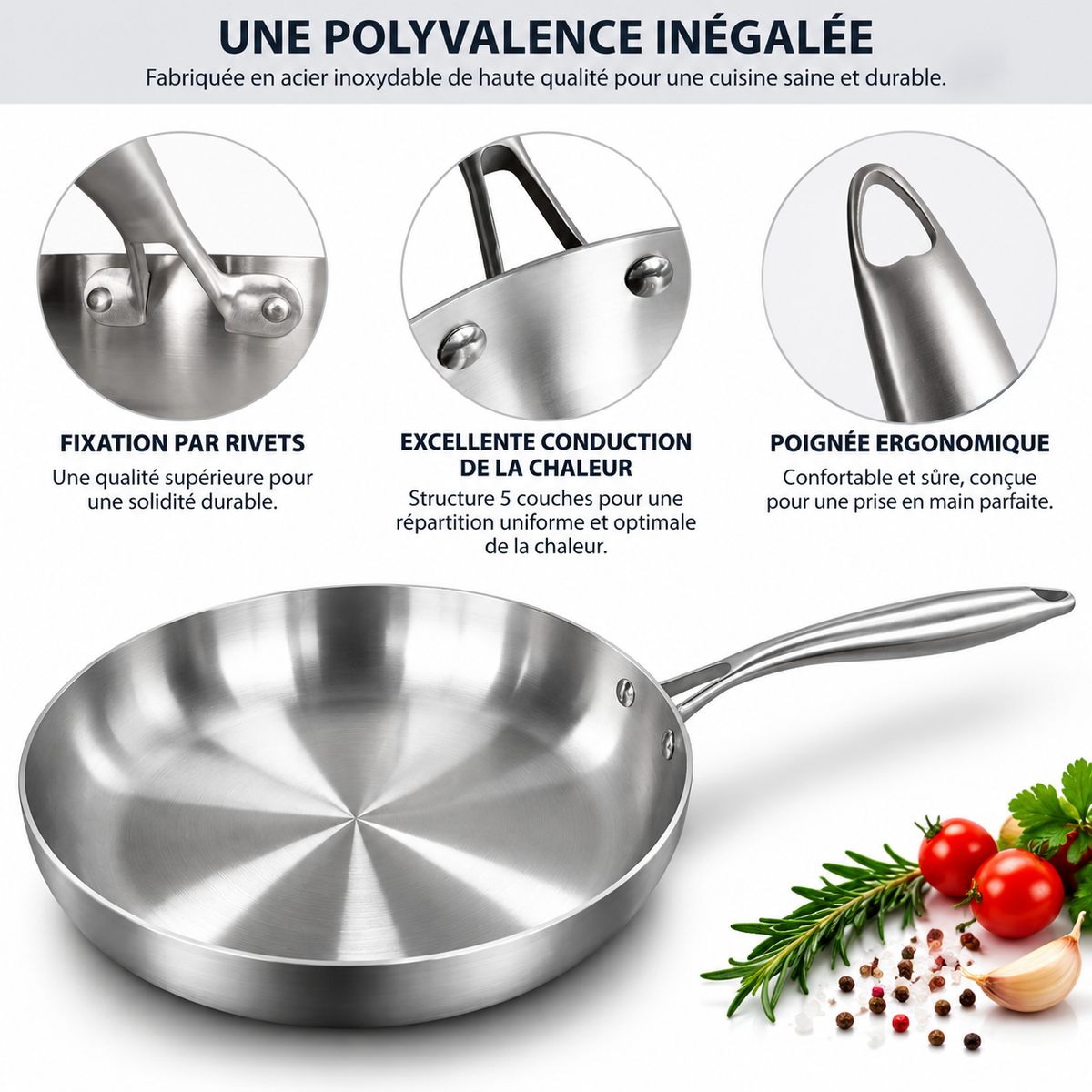 Détails de la poêle inox 304 : rivets, conduction de la chaleur et poignée