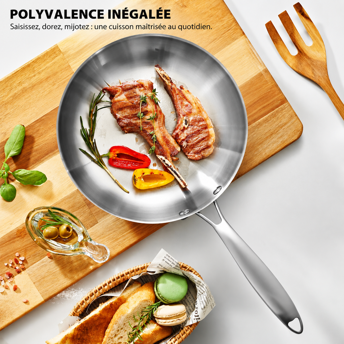 Poêle inox 304 sans revêtement avec côtelettes grillées