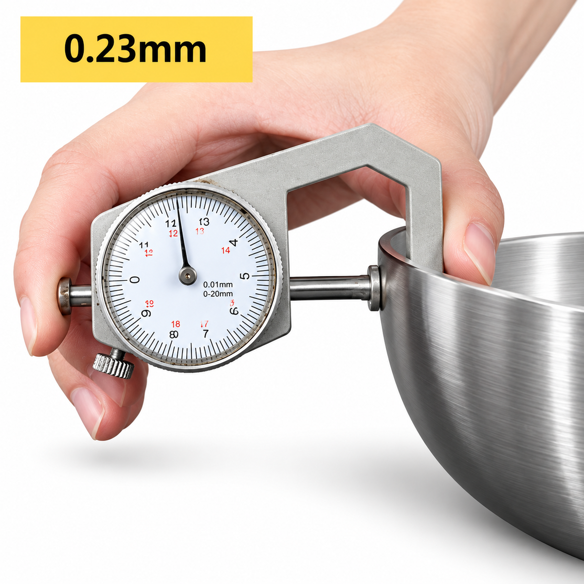 Épaisseur de la paroi de la poêle inox 304 mesurée au comparateur