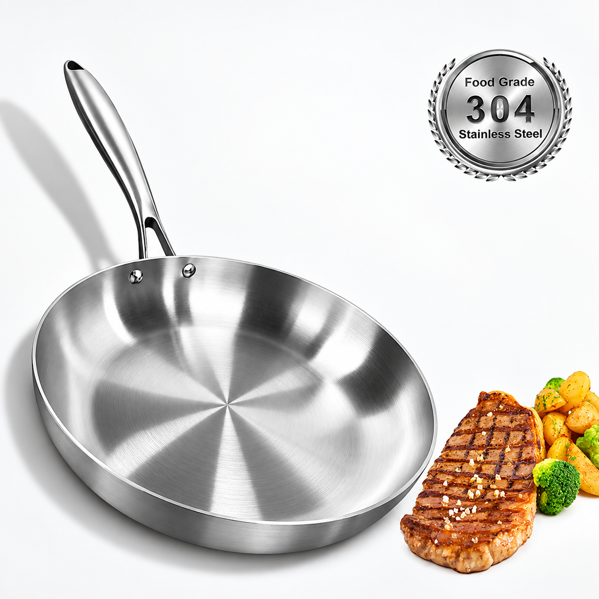 Poêle inox 304 de qualité alimentaire avec steak grillé