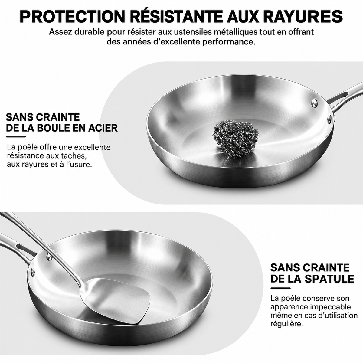 Poêle inox 304 résistante aux ustensiles métalliques