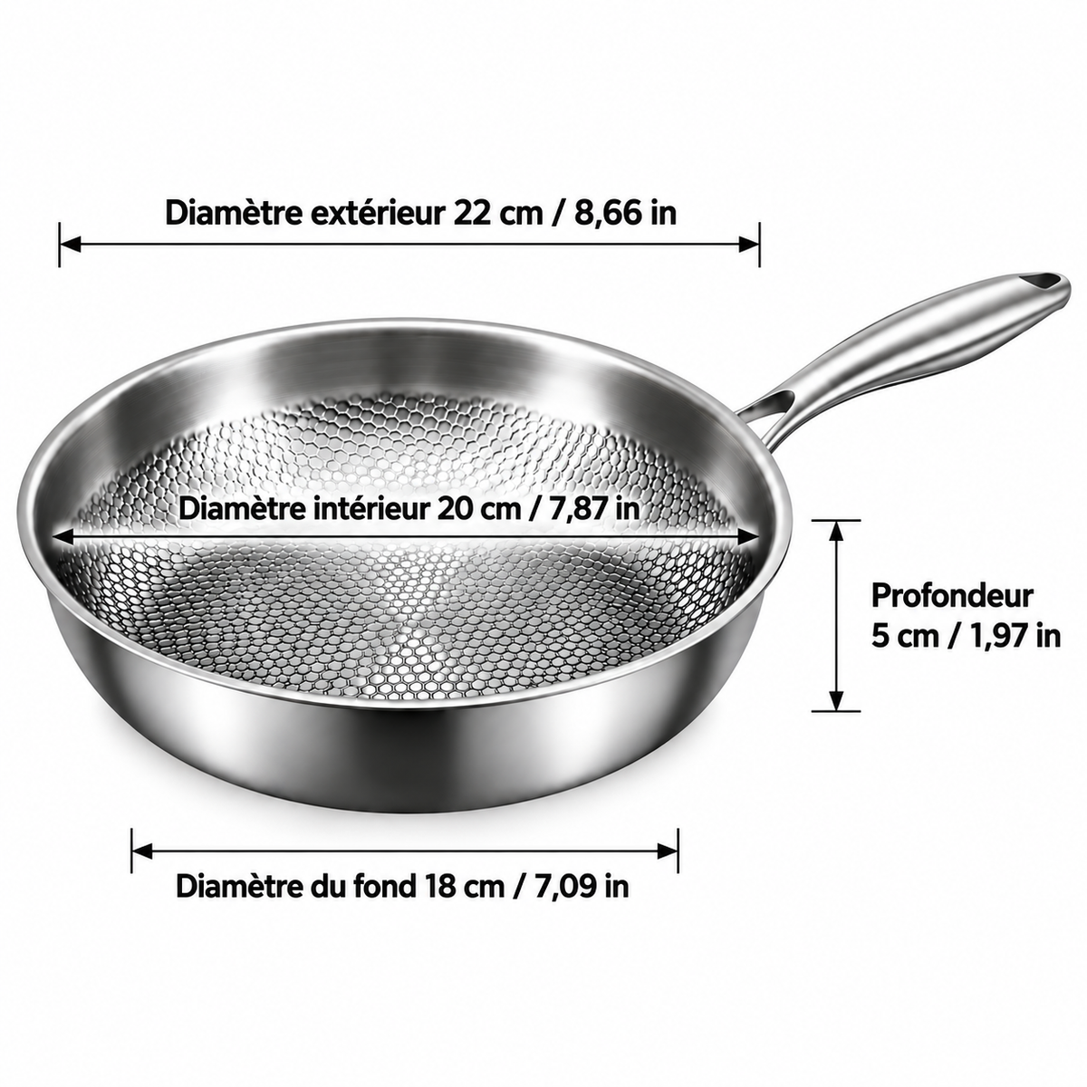 Dimensions de la poêle titane inox 22 cm
