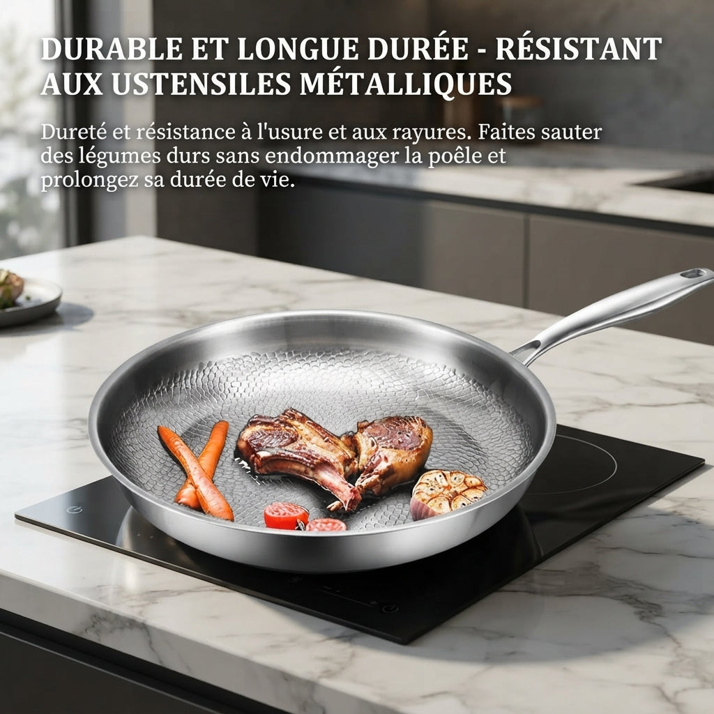 Côtelettes et légumes dans la poêle titane inox sur induction