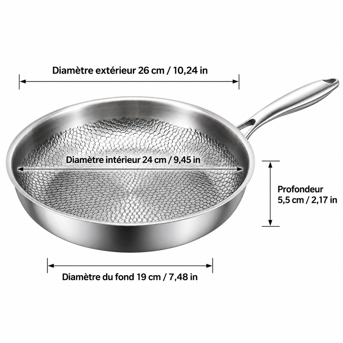 Dimensions de la poêle titane inox 26 cm