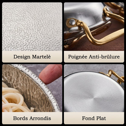 Détails de la poêle : design martelé, poignées anti-brûlure, bords arrondis et fond plat