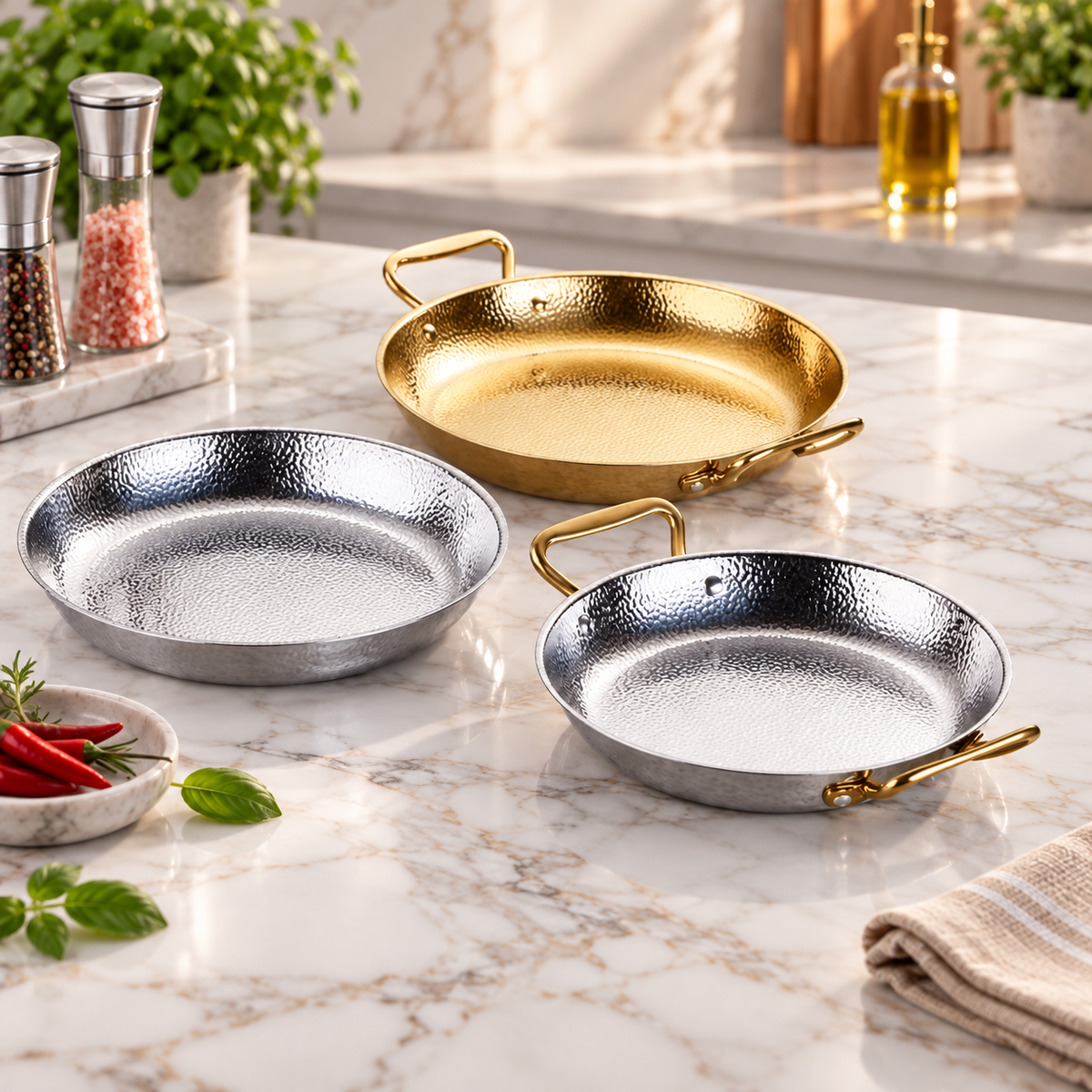 Poêles inox martelées argentées et dorée