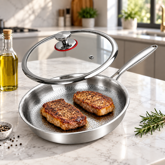 Steaks dans la poêle titane martelée avec couvercle en verre