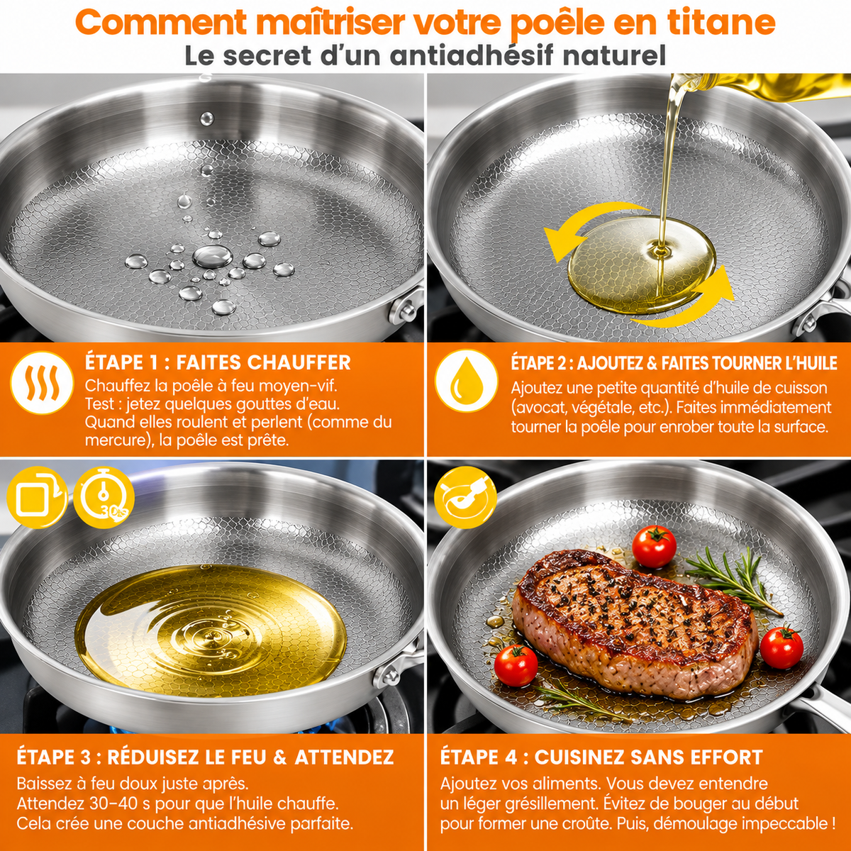 Mode d'emploi de la poêle titane : préchauffage, huile puis cuisson