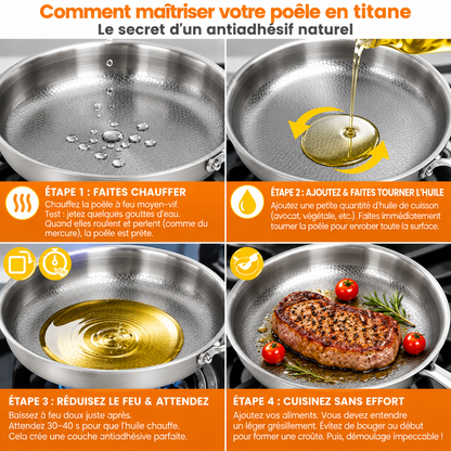 Mode d'emploi de la poêle titane : préchauffage, huile puis cuisson