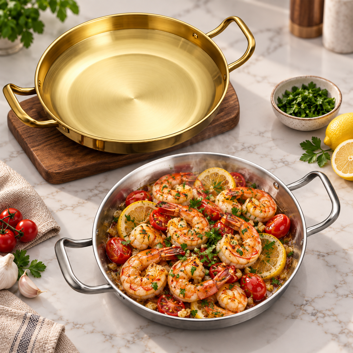 Poêles à paella inox dorée et argentée avec crevettes