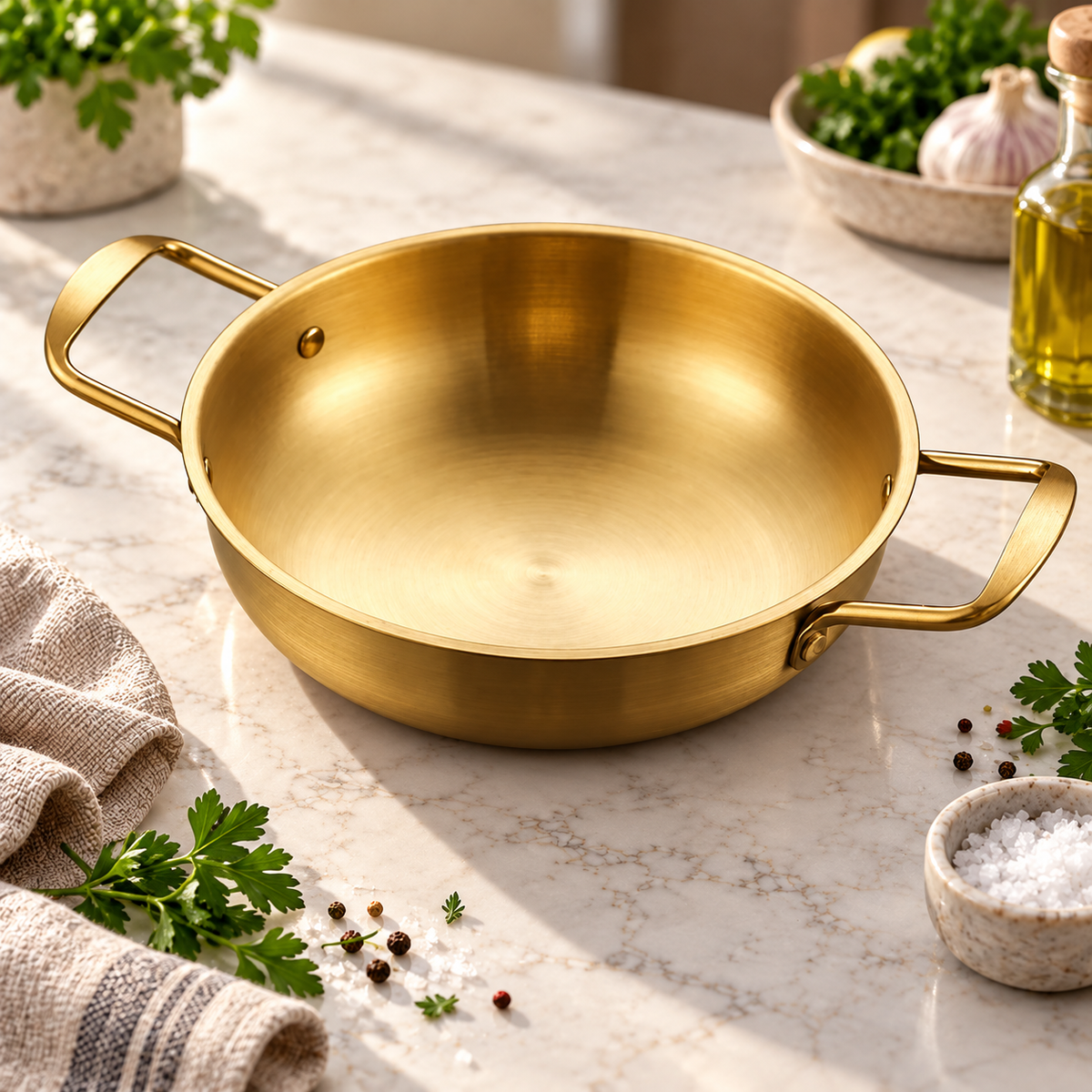 Poêle à paella inox dorée sur plan de travail