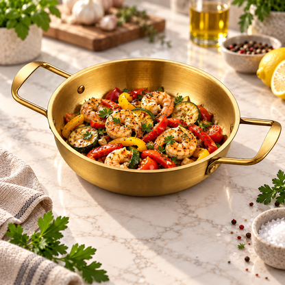 Crevettes et légumes dans la poêle à paella inox dorée