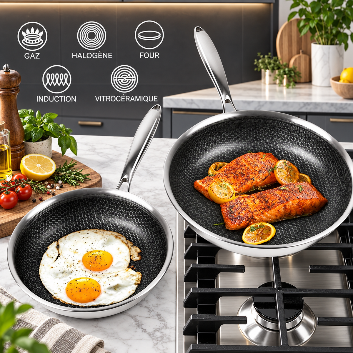 Saumon grillé et œufs dans les poêles nid d'abeille, compatibles tous feux