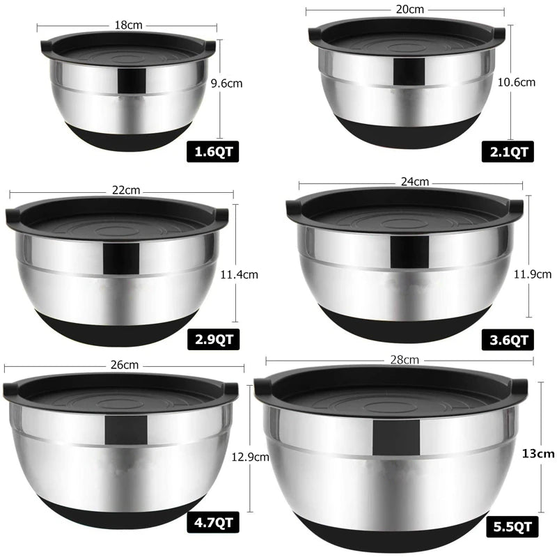 Edelstahl-Rührschüssel mit Deckel & Rutschfestem Boden – 18 bis 28 cm oder Set