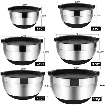 Edelstahl-Rührschüssel mit Deckel & Rutschfestem Boden – 18 bis 28 cm oder Set