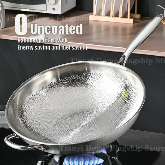 Wok Titane Inox 32/34 cm – Antiadhésif Gaz & Induction Grande Taille