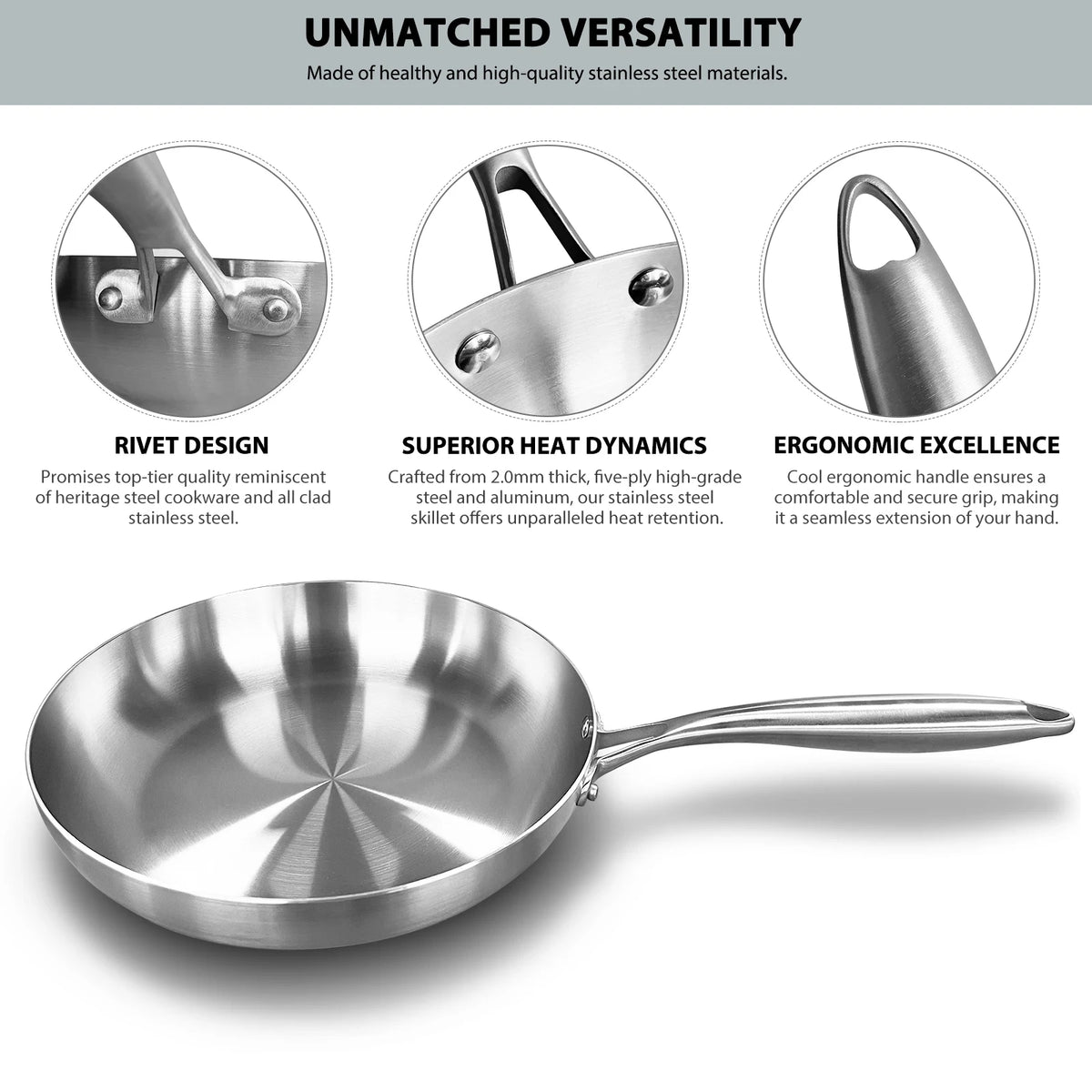 Poêle Inox 304 Non Revêtue – Steak & Cuisson Saine Gaz/Induction