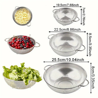 3er-Set Edelstahlsiebe mit Griffen – Pasta, Gemüse & Reis