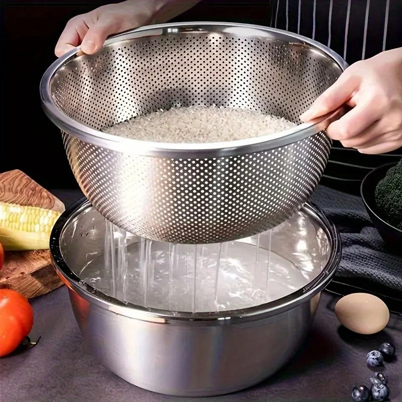 Edelstahl-Set Sieb + Schüssel – Reiswascher & Abtropfsieb