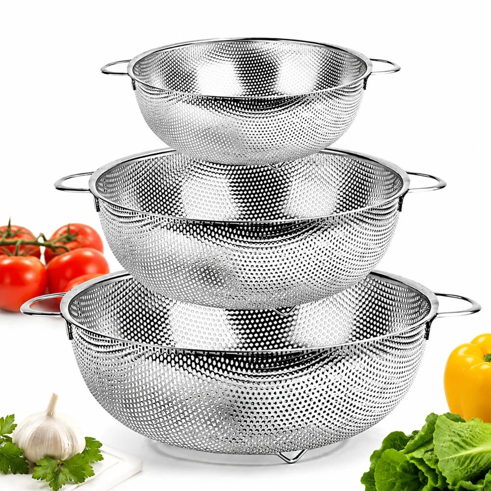 3er-Set Edelstahlsiebe mit Griffen – Pasta, Gemüse & Reis