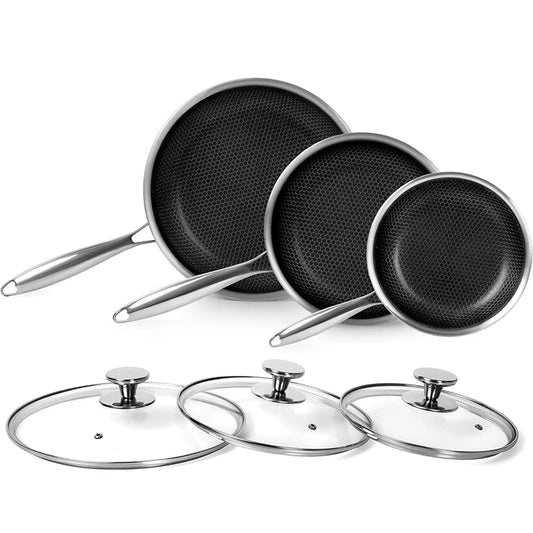 Poêle Inox Nid d'Abeille avec Couvercle – Antiadhésive & Induction