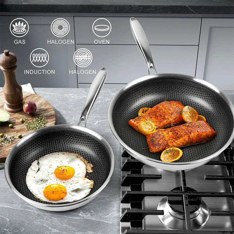 Poêle Inox Nid d'Abeille avec Couvercle – Antiadhésive & Induction