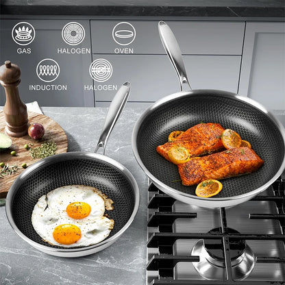 Poêle Inox Nid d'Abeille avec Couvercle – Antiadhésive & Induction