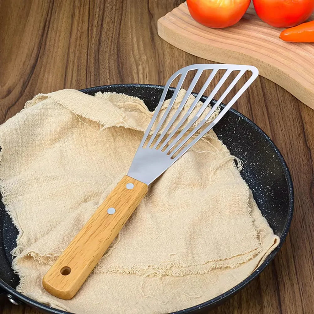 Geschlitzter Edelstahl-Wender mit Holzgriff – 3 Größen, Fisch & Steak