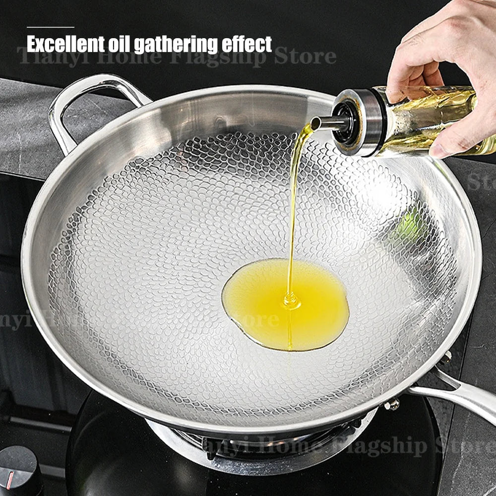 Wok Titane Inox 32/34 cm – Antiadhésif Gaz & Induction Grande Taille