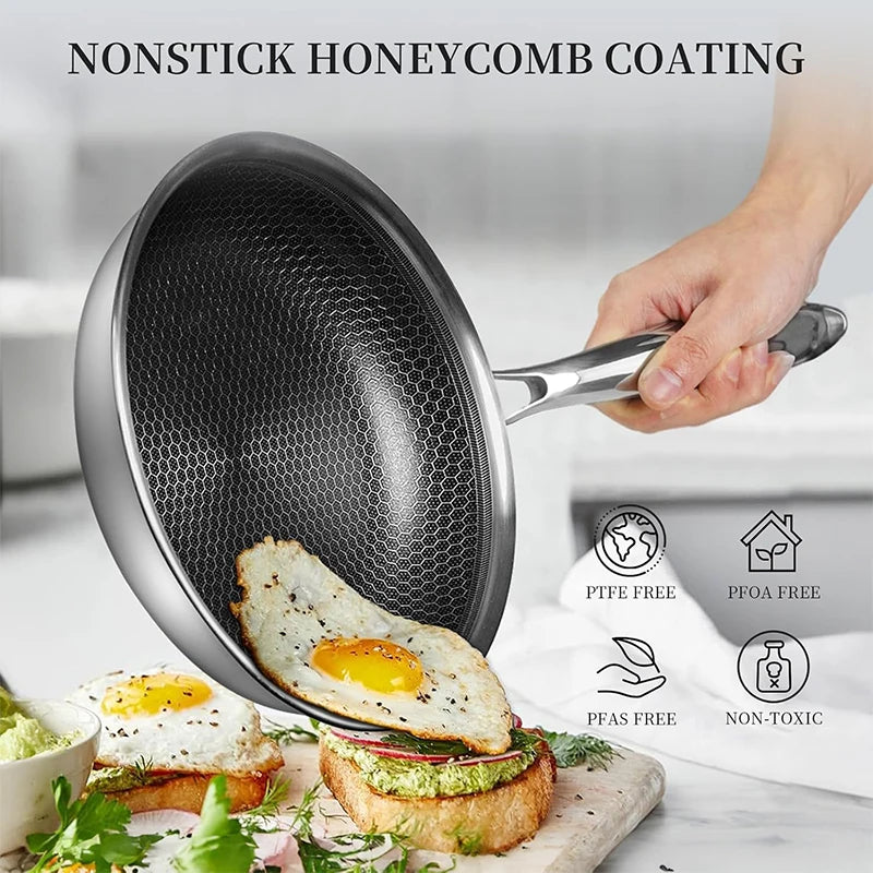 Poêle Inox Nid d'Abeille avec Couvercle – Antiadhésive & Induction