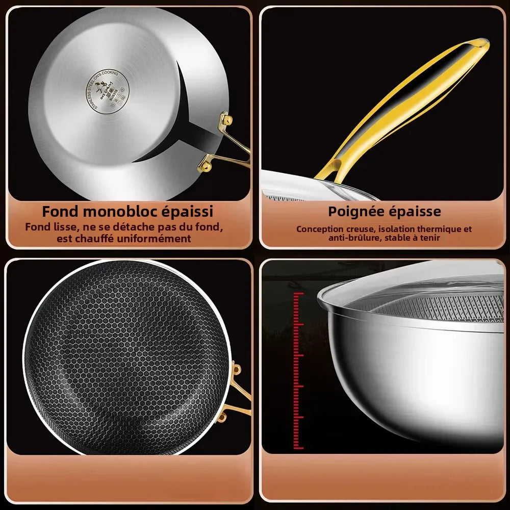 Wok Inox 316 Nid d'Abeille – Antiadhésif Steak & Induction