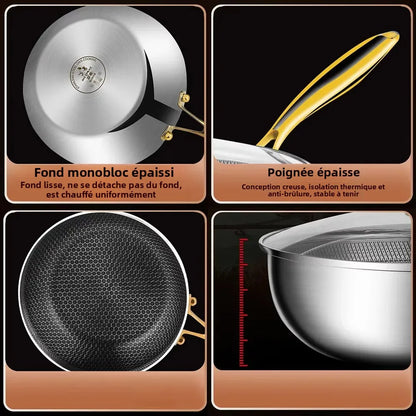 Wok Inox 316 Nid d'Abeille – Antiadhésif Steak & Induction