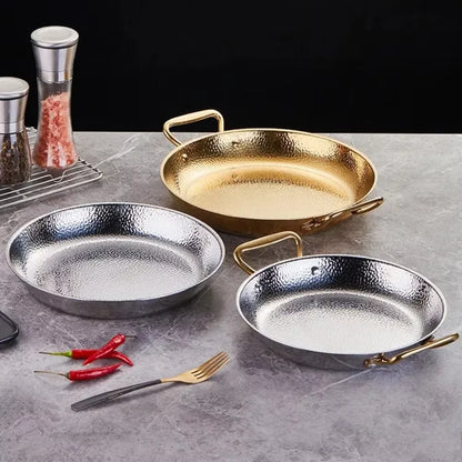 Poêle Inox Triple Couche – 2 Anses, Manche Doré, Haute Qualité