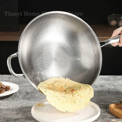 Wok Titane Inox 32/34 cm – Antiadhésif Gaz & Induction Grande Taille