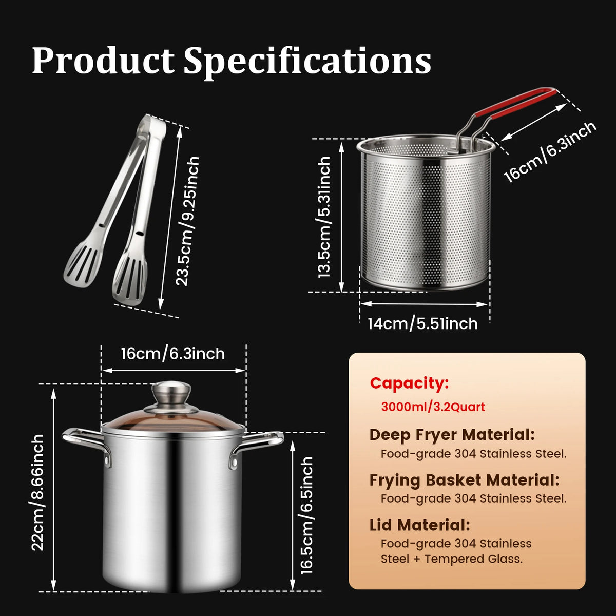 Edelstahl-304-Fritteuse 3 L mit Korb & Glasdeckel – Gas & Induktion