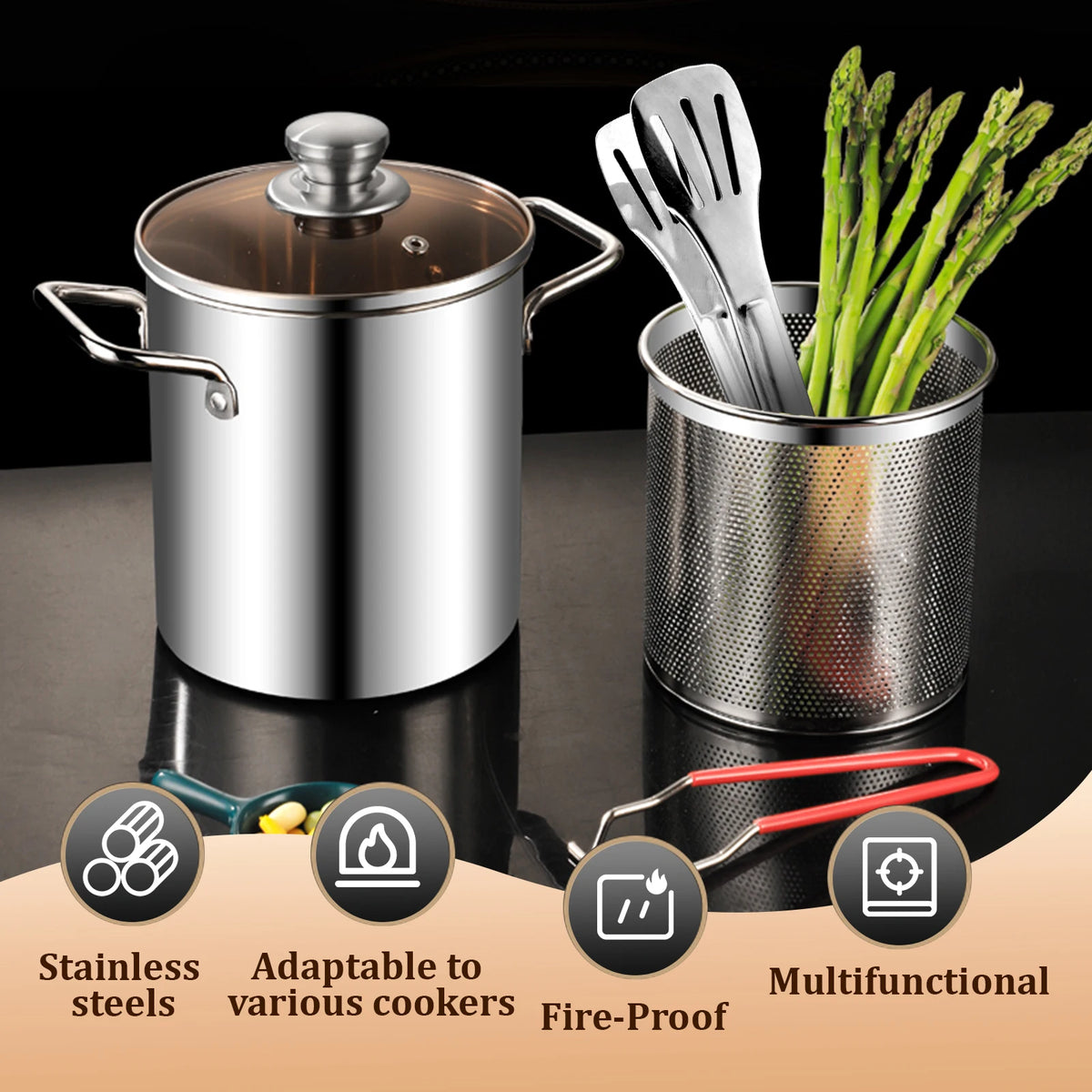 Edelstahl-304-Fritteuse 3 L mit Korb & Glasdeckel – Gas & Induktion