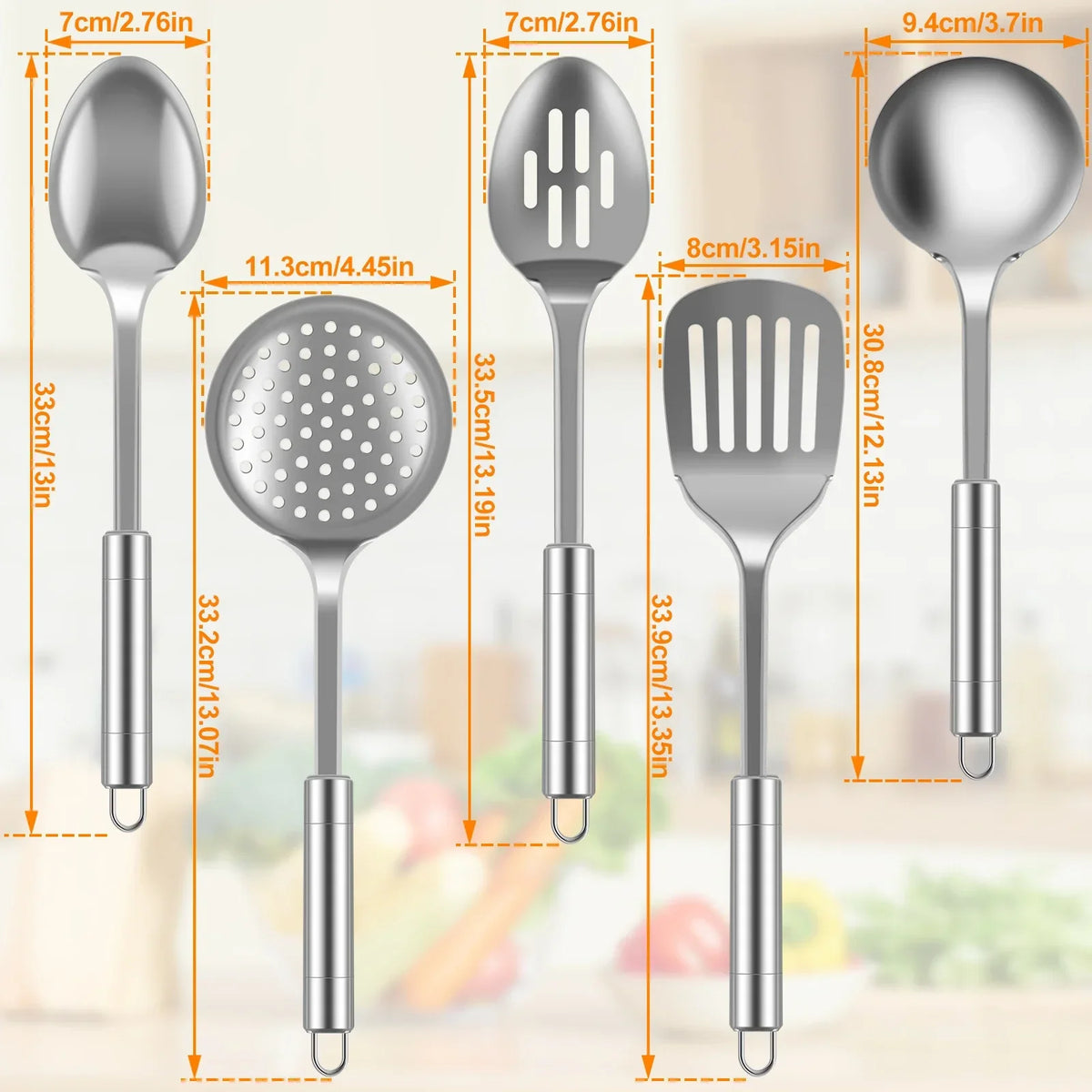 5er-Set Edelstahl-Küchenhelfer – Schöpfkelle, Schaumlöffel & Wender