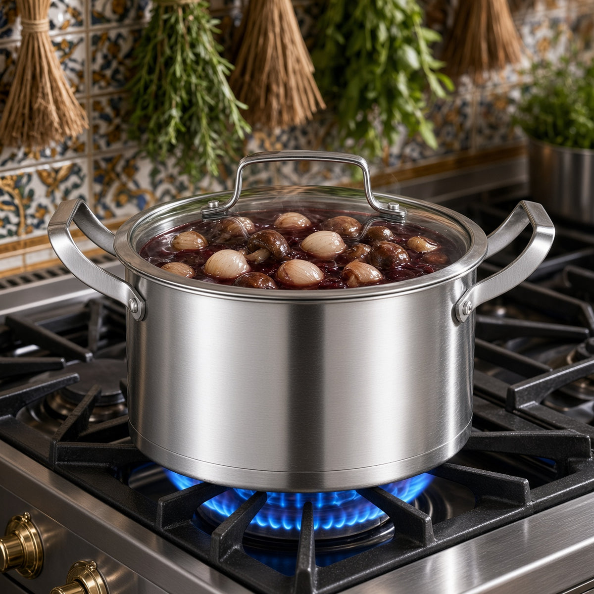 Casserole inox 20 cm sur feu à gaz