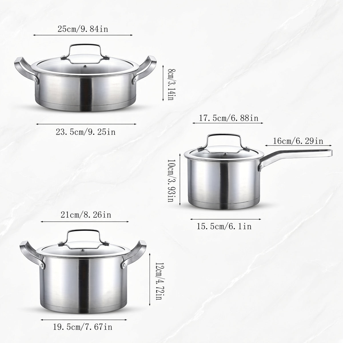 Dimensions des casseroles inox 16, 20 et 24 cm