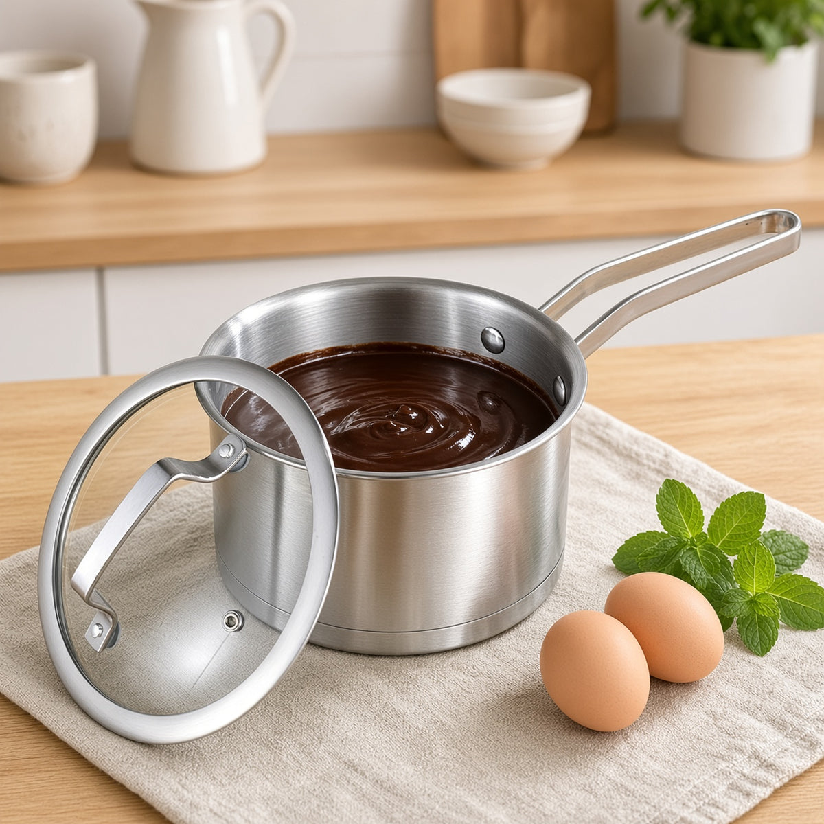 Sauce au chocolat dans la casserole inox 16 cm