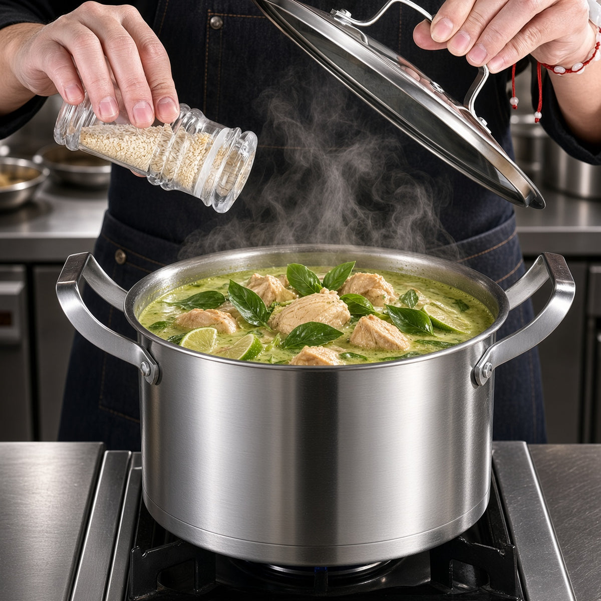 Soupe au poulet dans la casserole inox avec couvercle en verre