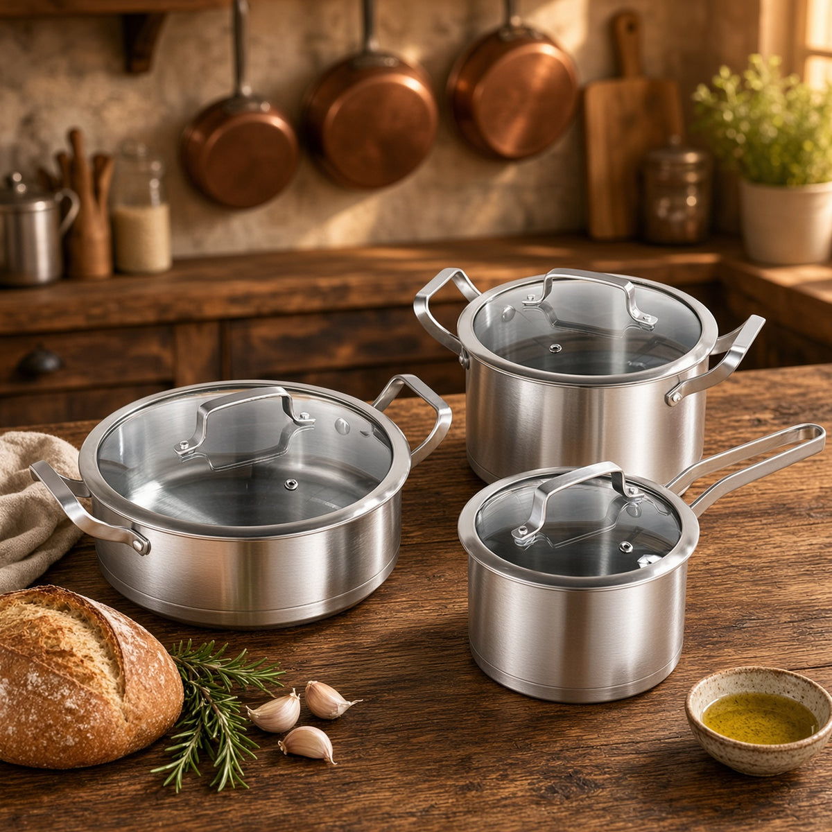 Set de casseroles inox avec couvercles en verre sur table en bois